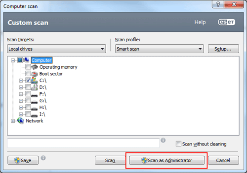 ESET custom scan menu, scan as administrator